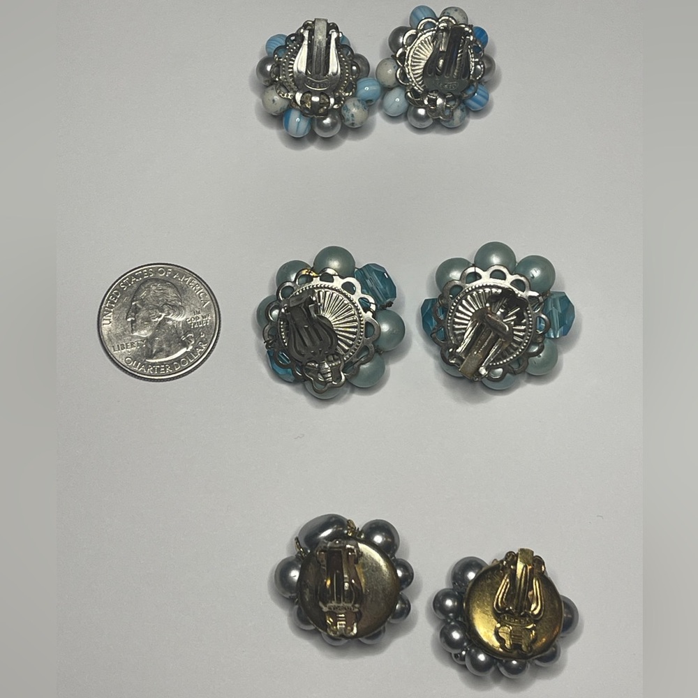 Vintage clip earrings marked Japan lot of 3 pairs blue beaded gold silver gift - Picture 7 of 15